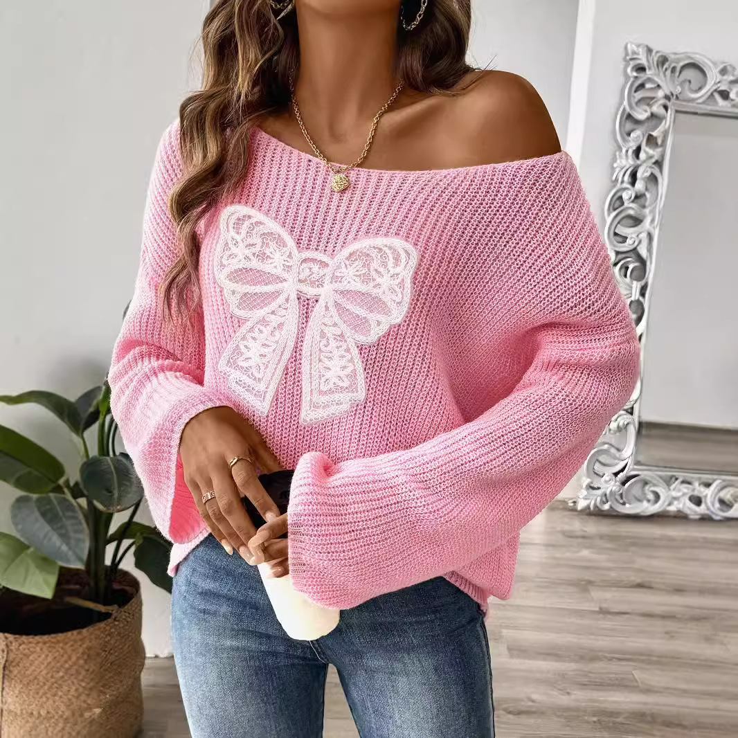 Women's Bow Embroidered Off-Shoulder Bell Sleeve Sweater