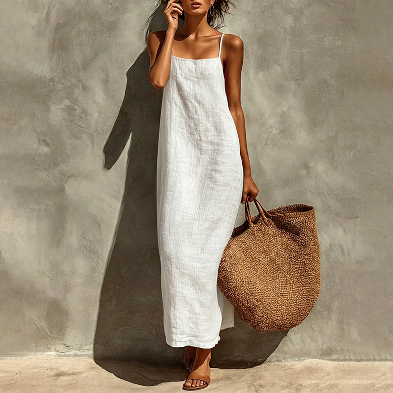 Women's Summer Sleeveless A-Line Maxi Dress Solid Color French Style