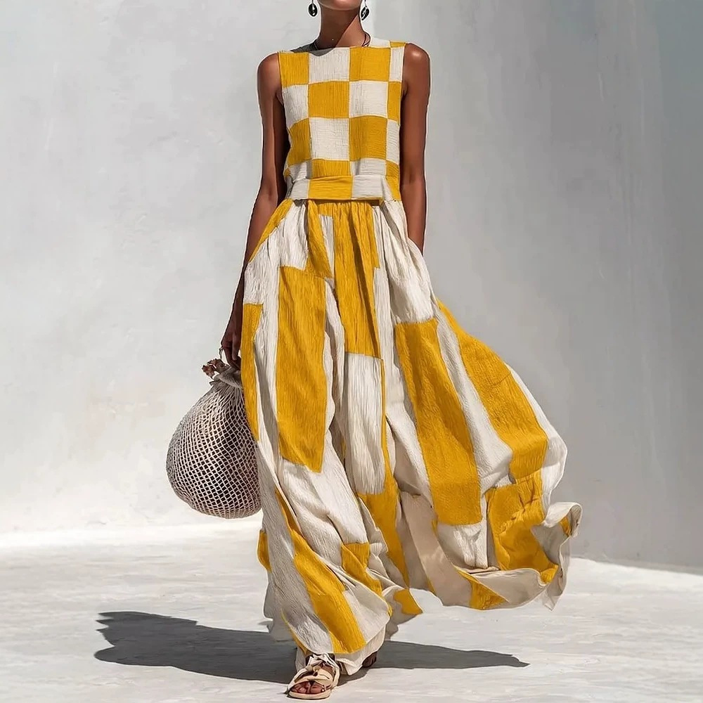 Black and White Plaid Sleeveless A-Line Maxi Dress