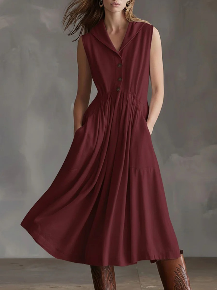 Women's Sleeveless A-Line Midi Dress with Oversized Collar