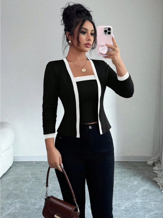 Women's Knit Patchwork Cardigan Jacket and Vest Two-Piece Set