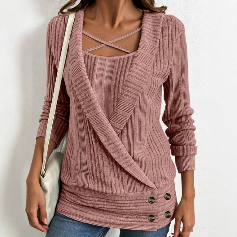 Women's Plus Size Cross Strap Faux Two-Piece Ribbed Knit Long Sleeve Top