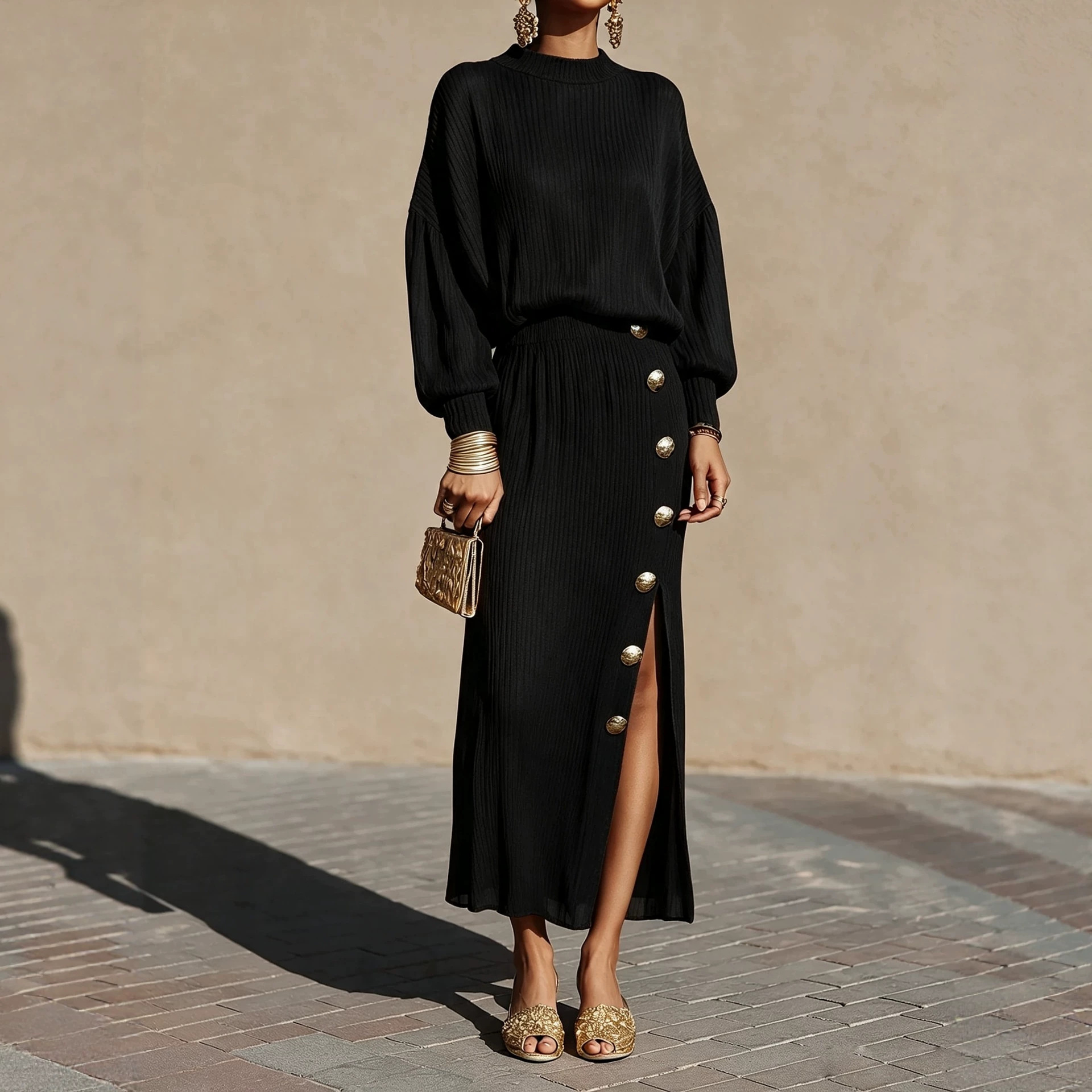 Women's Solid Pleated Knit Long-Sleeve Top and Button Slit Skirt Two-Piece Set