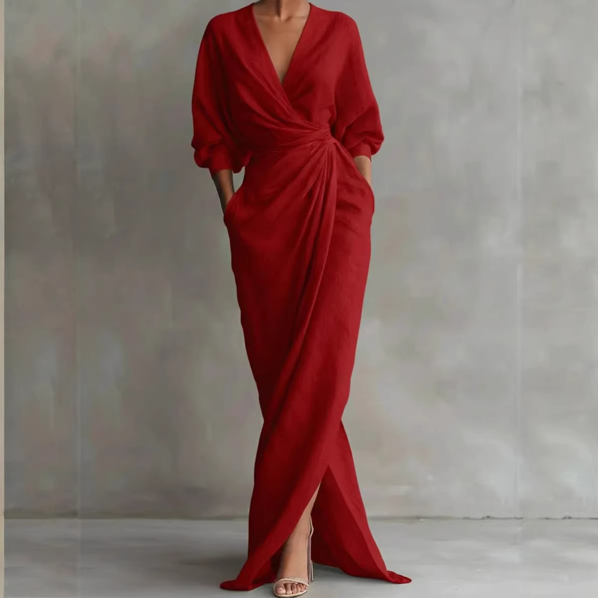 Elegant Solid V-Neck Long Sleeve Split Waist Pocket Long Dress