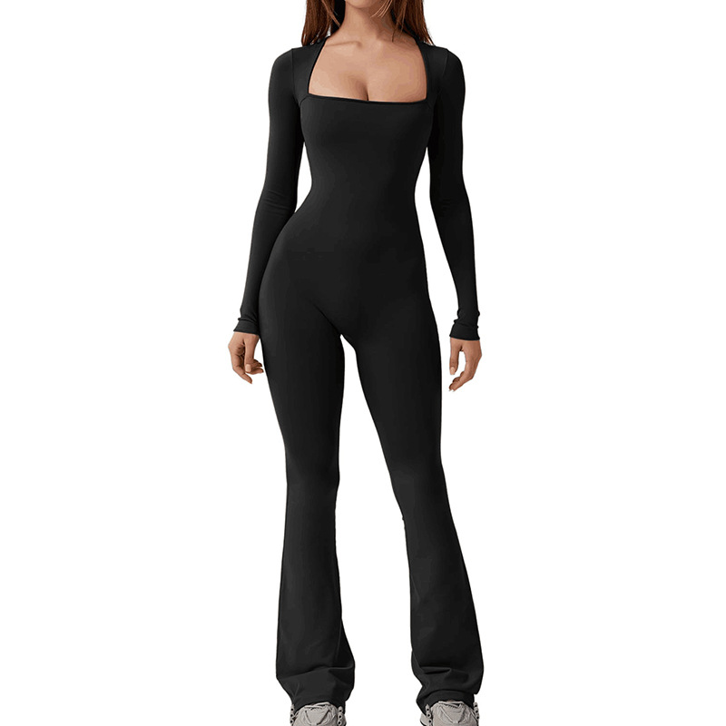 Women's Long Sleeve Square Neck Wide Leg Jumpsuit with Tummy Control and Butt Lifting
