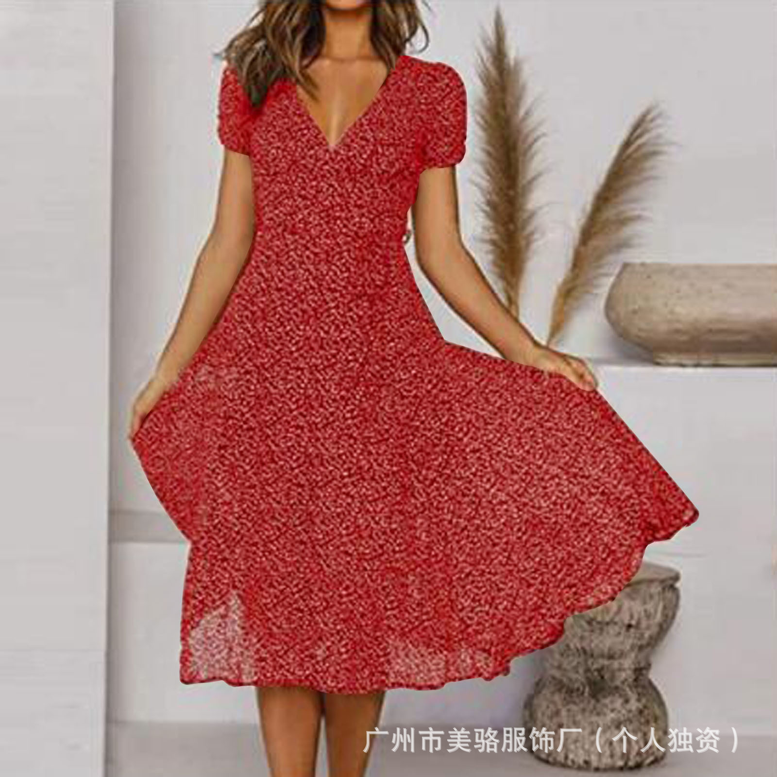 Women's Short Sleeve V-Neck Polka Dot Print Midi Dress