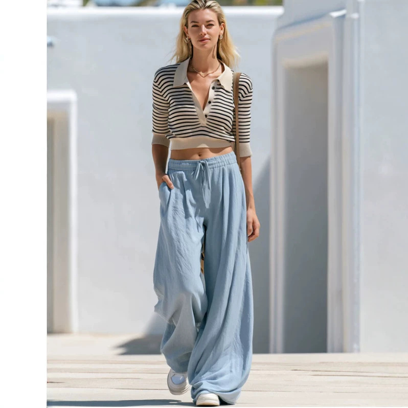 Retro Striped Top and Blue Pants Set