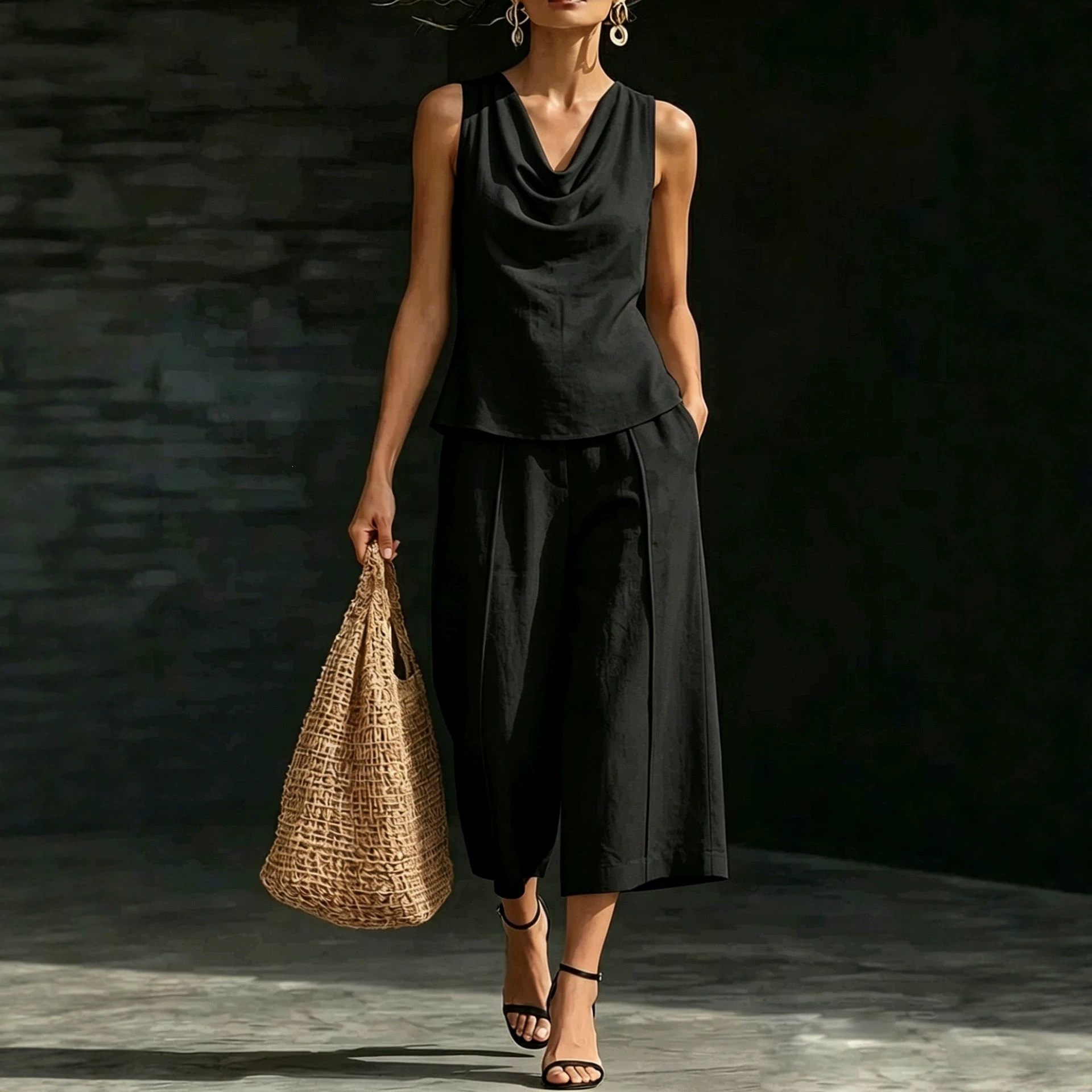 Women's Draped Cowl Neck Sleeveless Top & Cropped Wide-Leg Pants Set