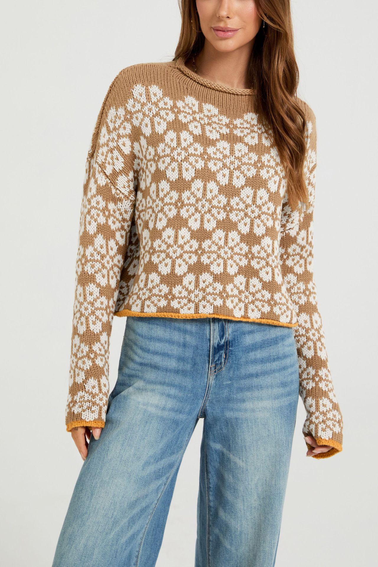 Loose Knit Jacquard Crewneck Sweater