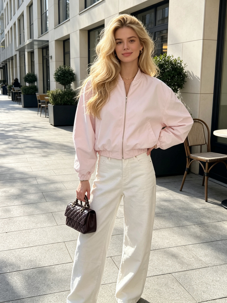 Women's Vintage Bomber Jacket with Lantern Sleeves and High Collar