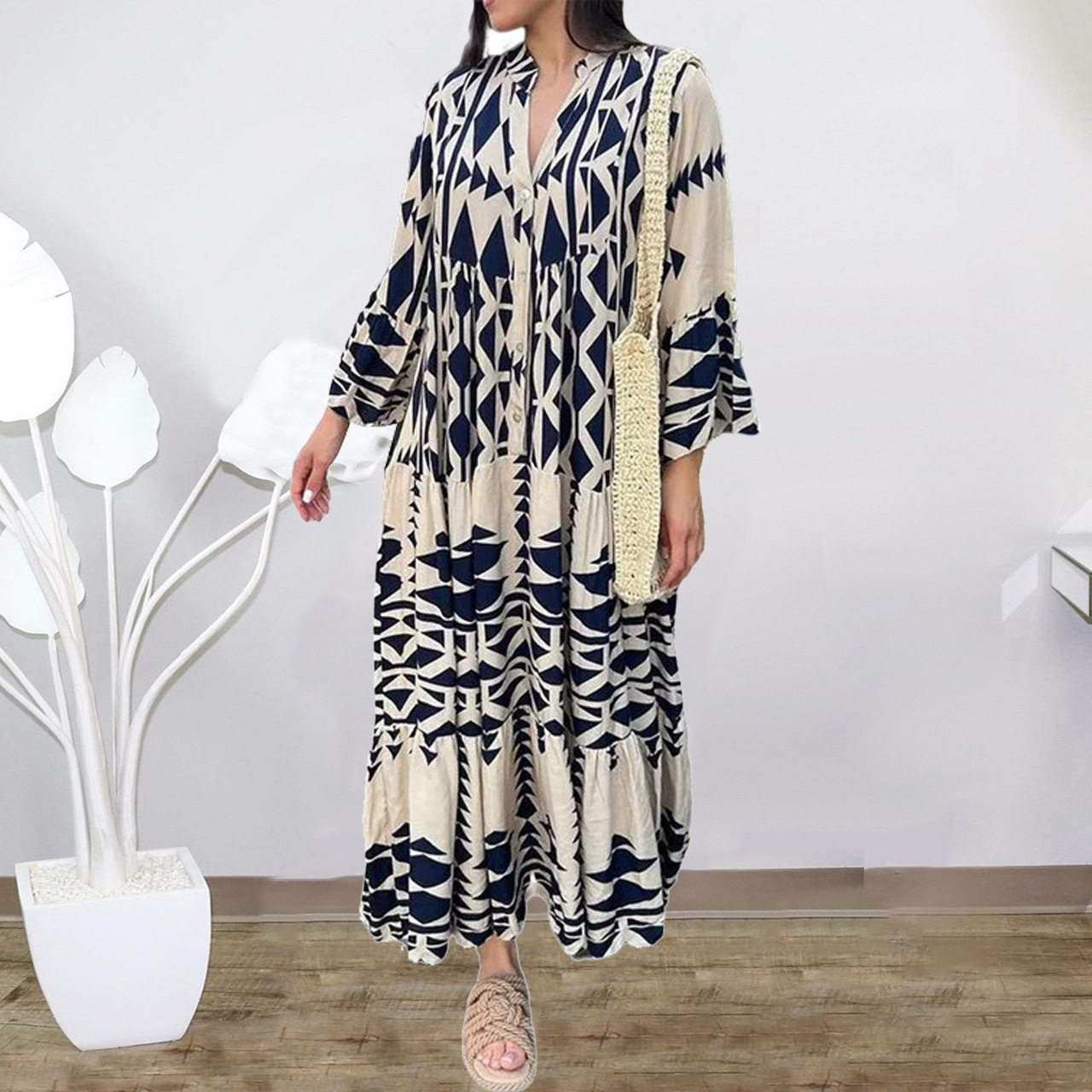 Plus Size Bohemian Print Shirt Dress V-Neck A-Line Long Sleeve