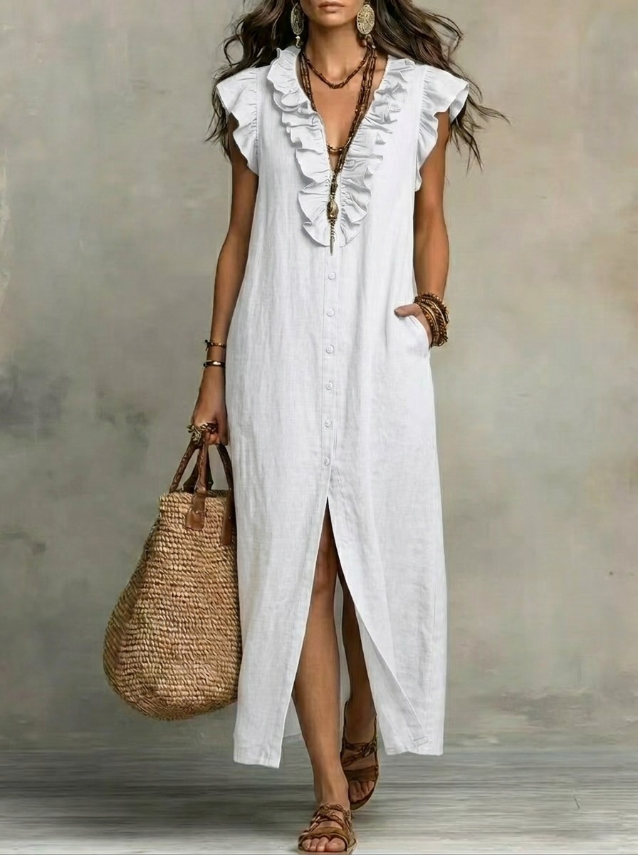 Boho Ruffle V-Neck Button-Front Maxi Dress with Pockets