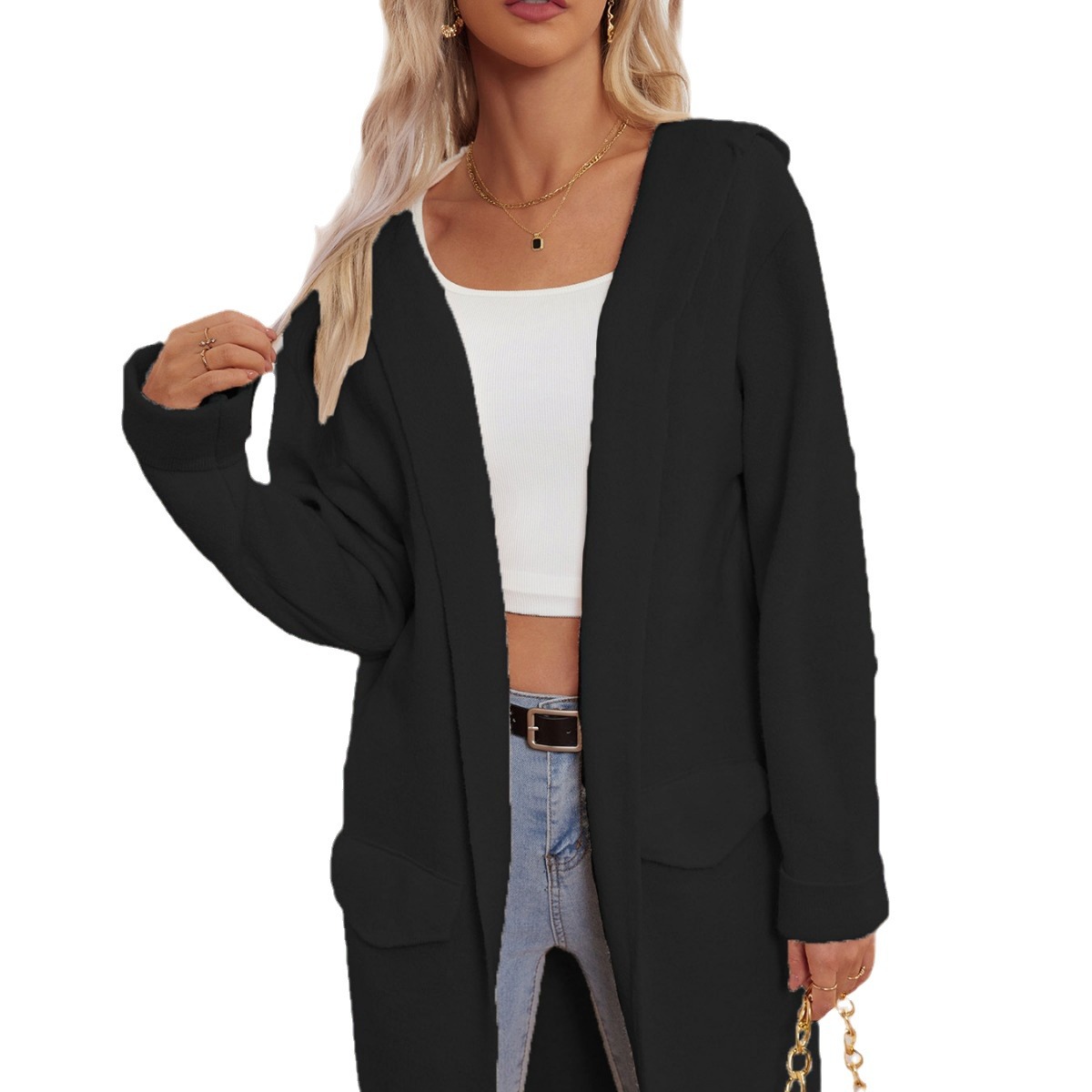 Women's Hooded Open-Front Wool Cardigan Sweater, Mid-Length Long Sleeve, Solid Color