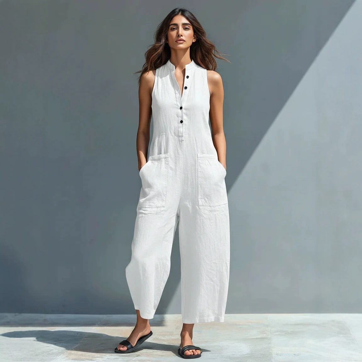 Women's Sleeveless Button-Front Wide-Leg Jumpsuit