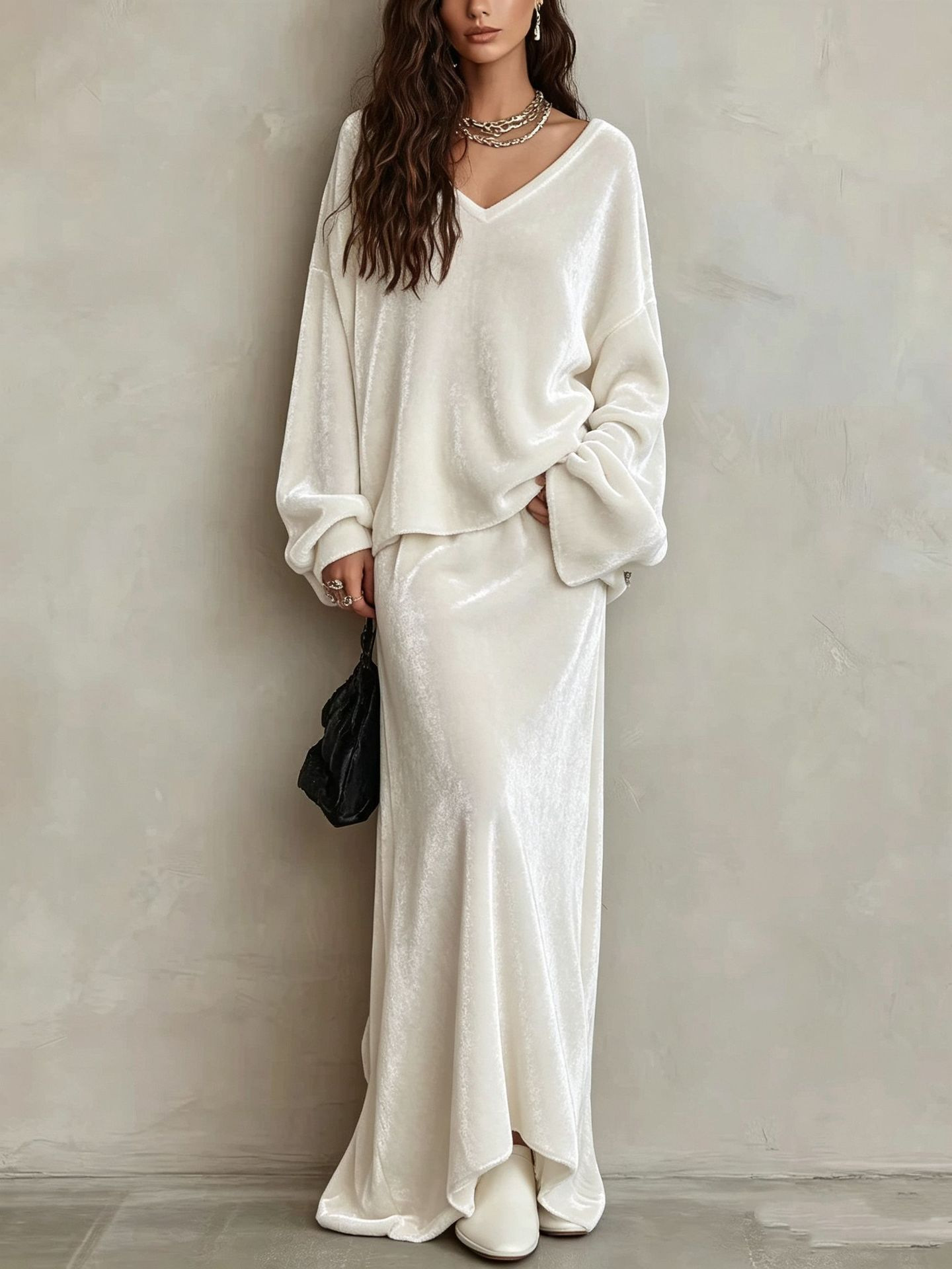 Solid Velvet V-Neck Long Sleeve Women's Skirt Set