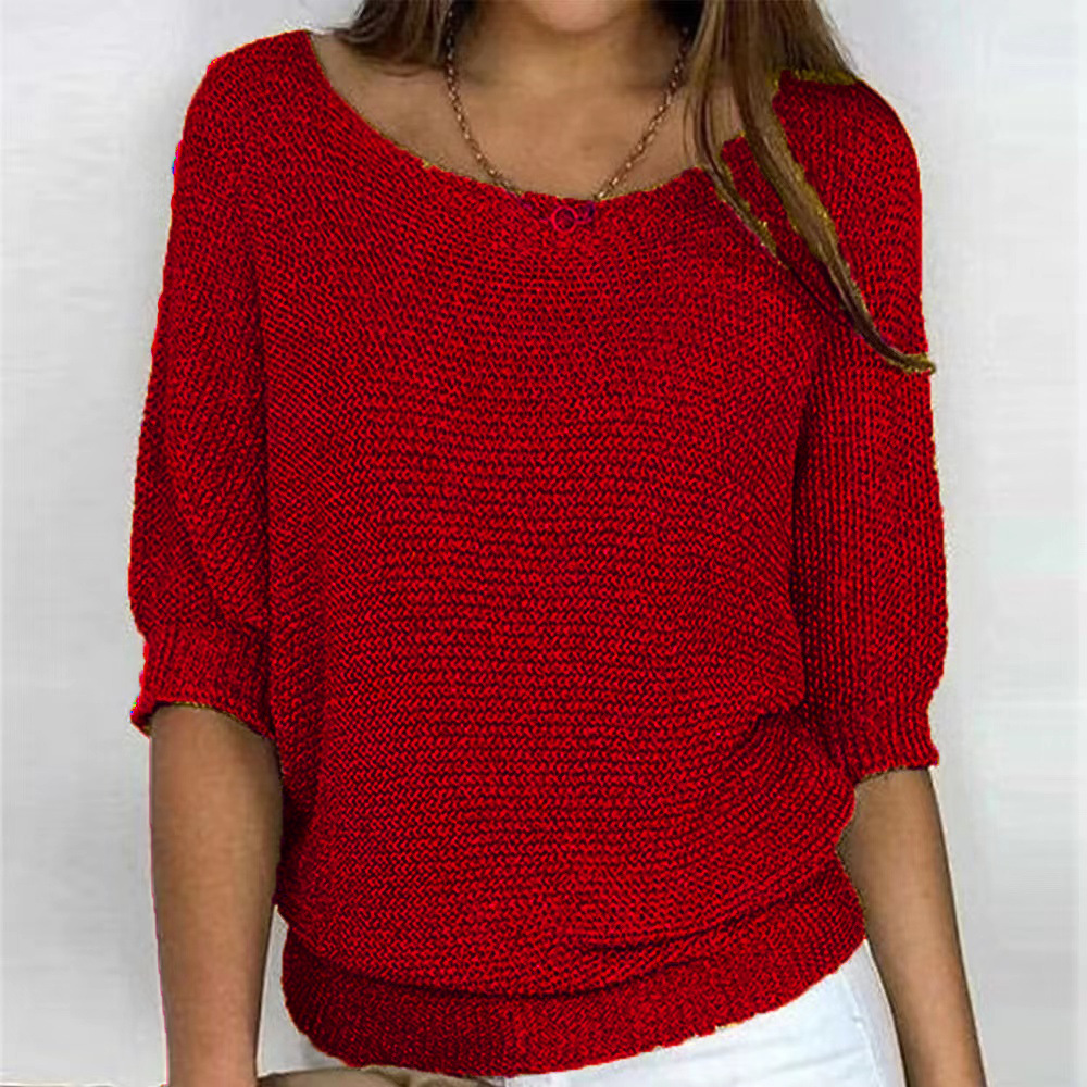 Women's Solid Crewneck Knit Top with Three-Quarter Sleeves