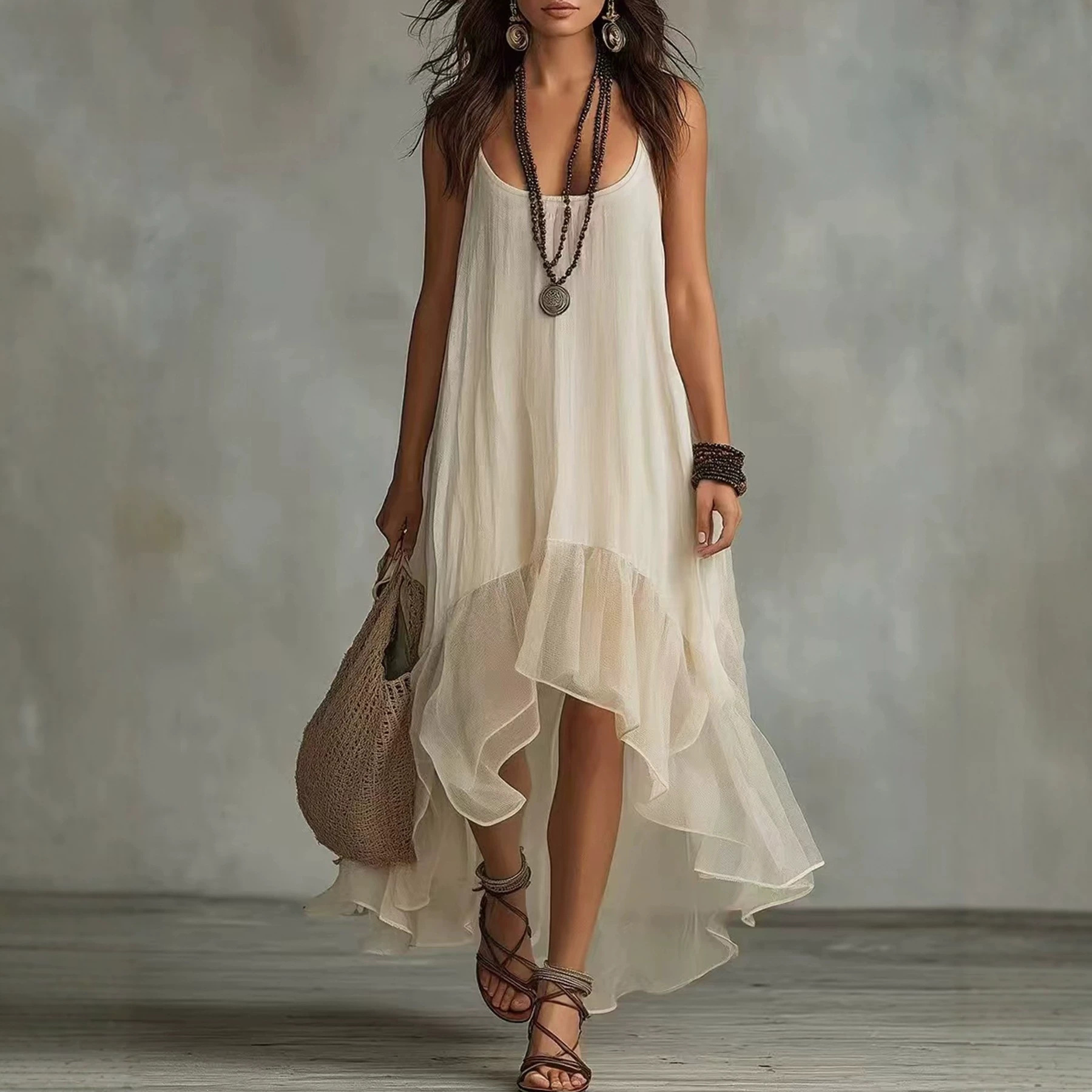 Women's Solid Color Sleeveless Asymmetrical Dress Ivory White