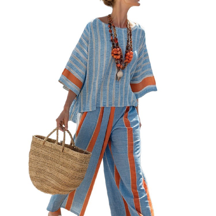 Striped Print Color-Block Mid-Sleeve Round Neck Top and Straight Pants Casual Set