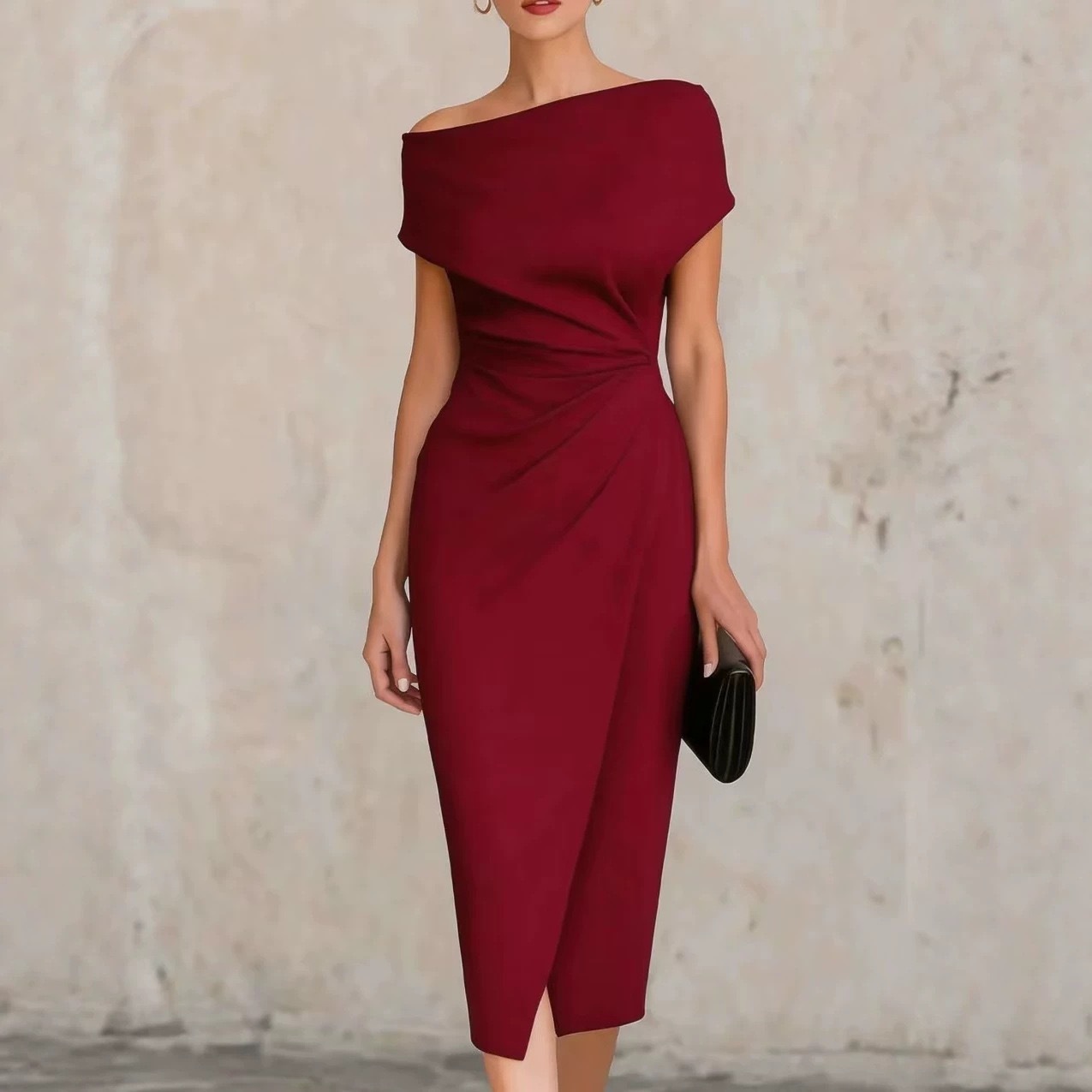Off-Shoulder Ruched Waist Midi Dress with Slit