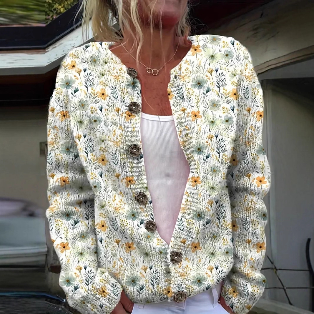 Women's Floral Print Long Sleeve Crew Neck Pullover Sweater