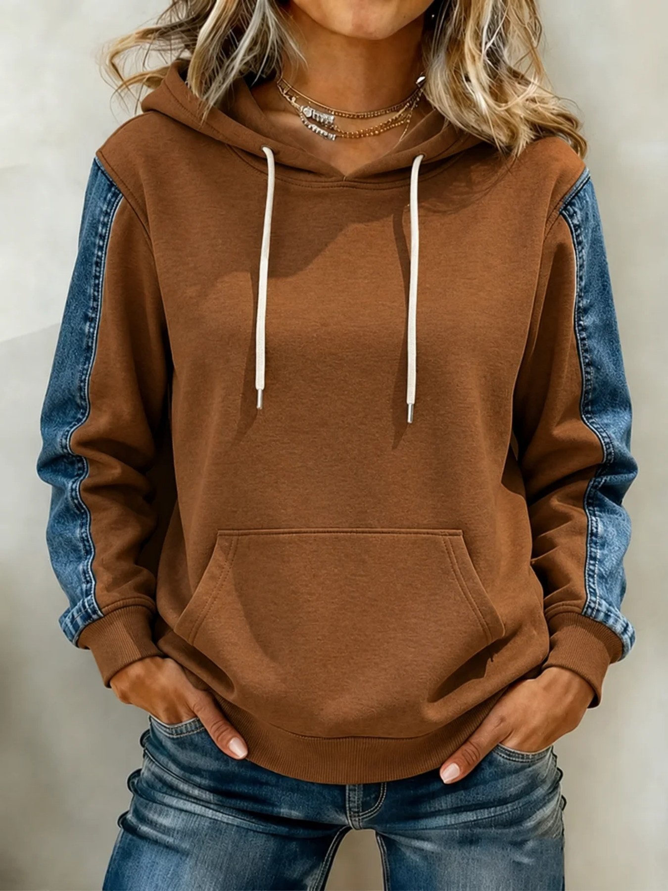Minimalist 3D Print Color-Block Loose Hoodie