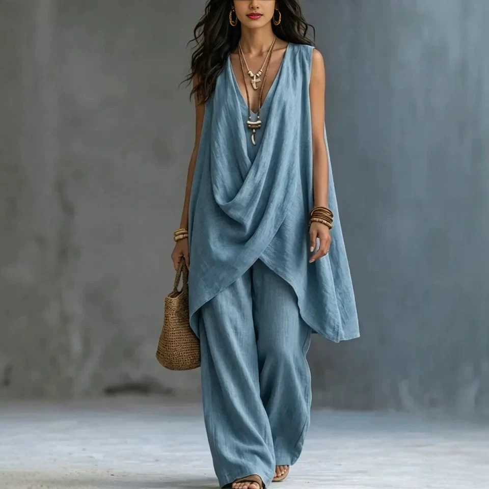 Women's Sleeveless Stand Collar Cotton Linen Two-Piece Set