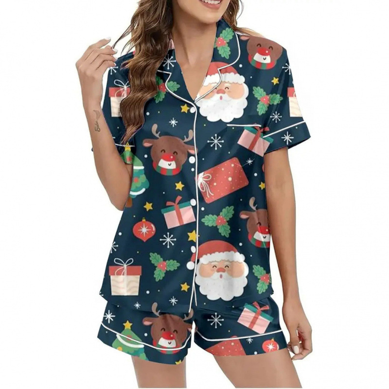 Women's Cuban Collar Short Sleeve Shirt Set with Animal Print