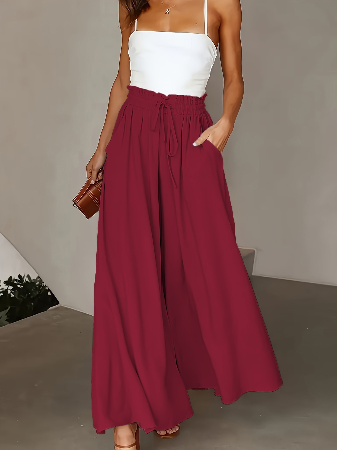 Women's Wide-Leg Pants with Cinched Waist and Flowing Hem