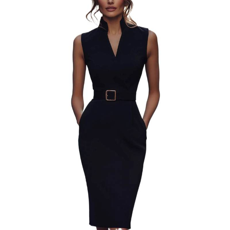 Elegant Sleeveless Belted Dress with Pockets