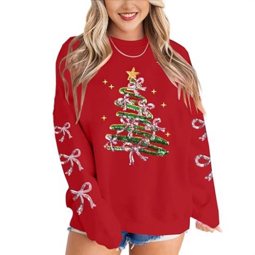 Women's Ribbon Bow Christmas Tree Print Crewneck Sweatshirt