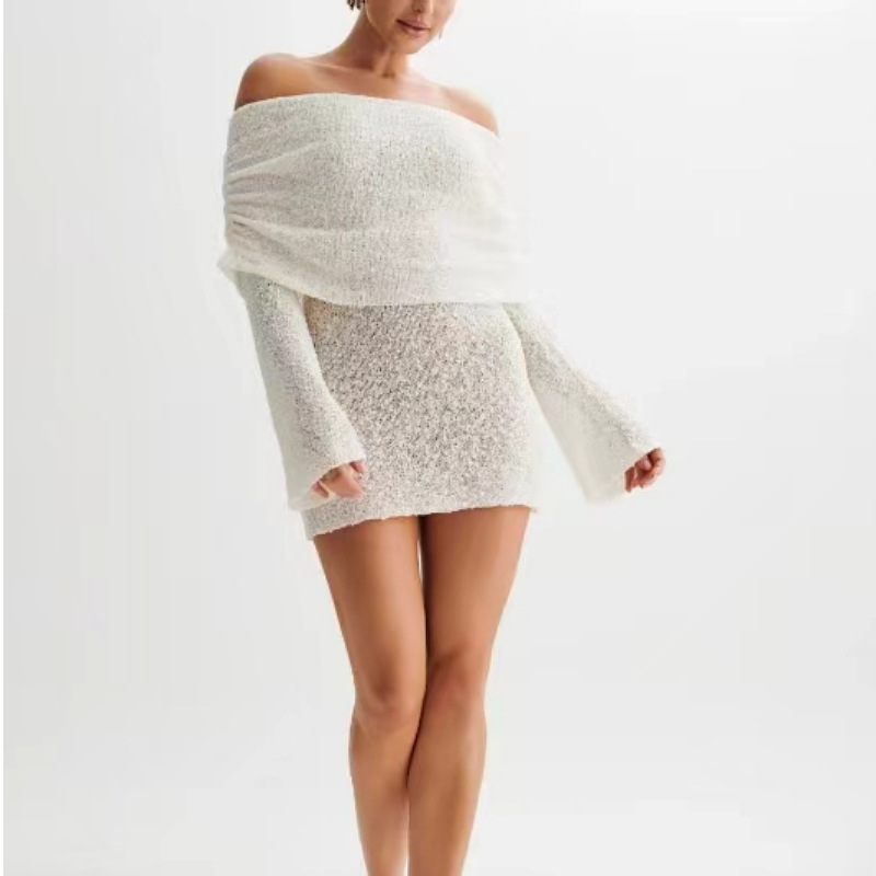 Sheer Knit Off-Shoulder Long-Sleeve Mini Bodycon Dress