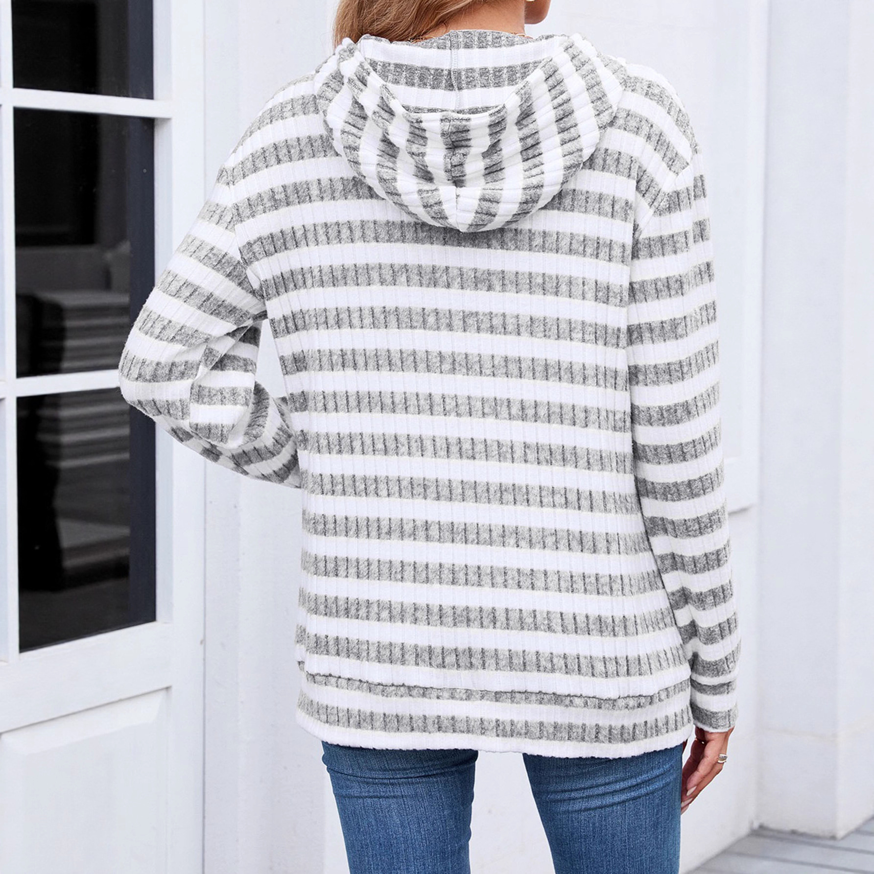 Striped Hooded Pullover Sweatshirt with Pockets Women's Loose Long Sleeve