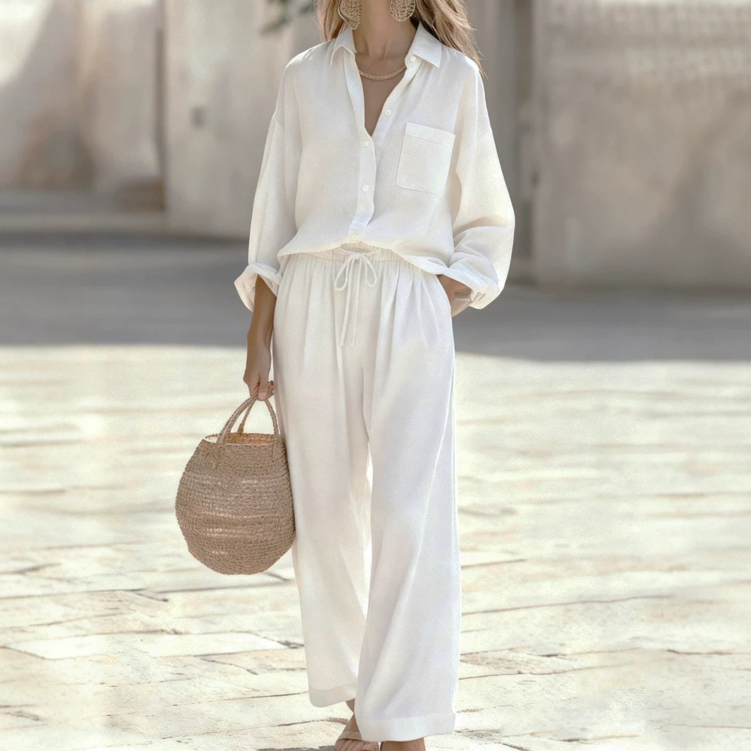 Women's Solid Color Faux Linen Long Sleeve Shirt and Pants Set