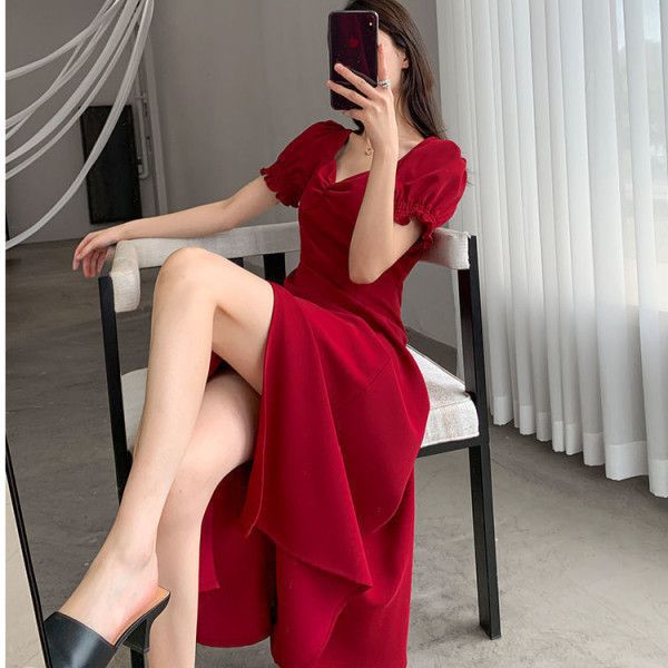 Women's Square Neck Puff Sleeve A-Line Midi Dress with Slit