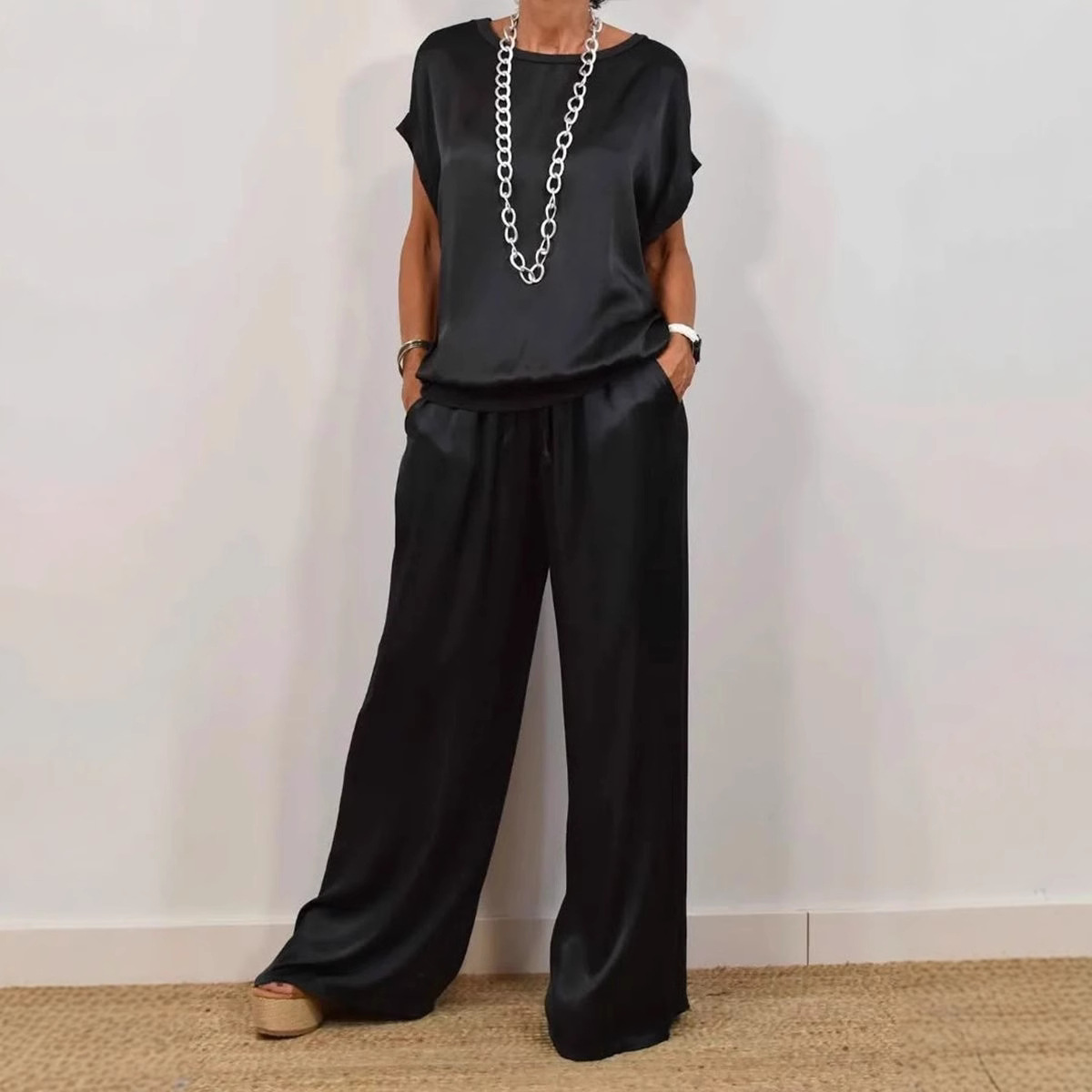 Relaxed-Fit Shirt & Wide-Leg Pants Casual Set