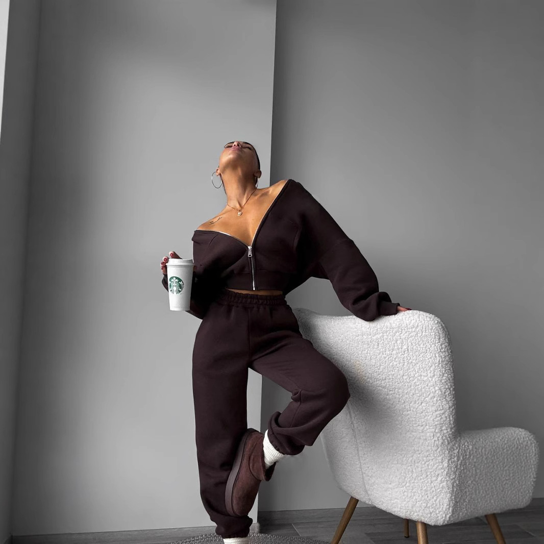 Women's Solid Color Hooded Long Sleeve Jogger Two-Piece Tracksuit