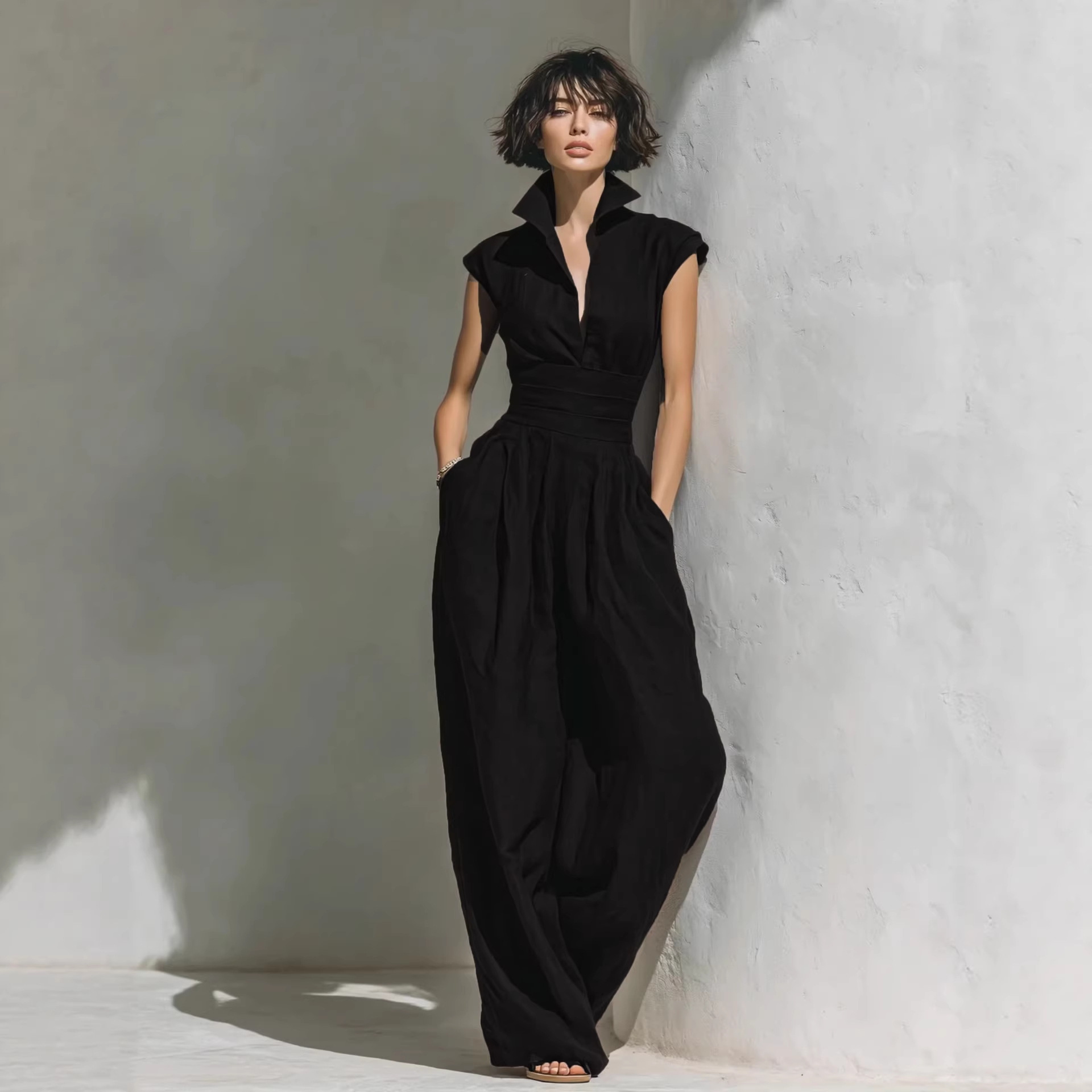Women's Sleeveless V-Neck Solid Midi Dress with Waist