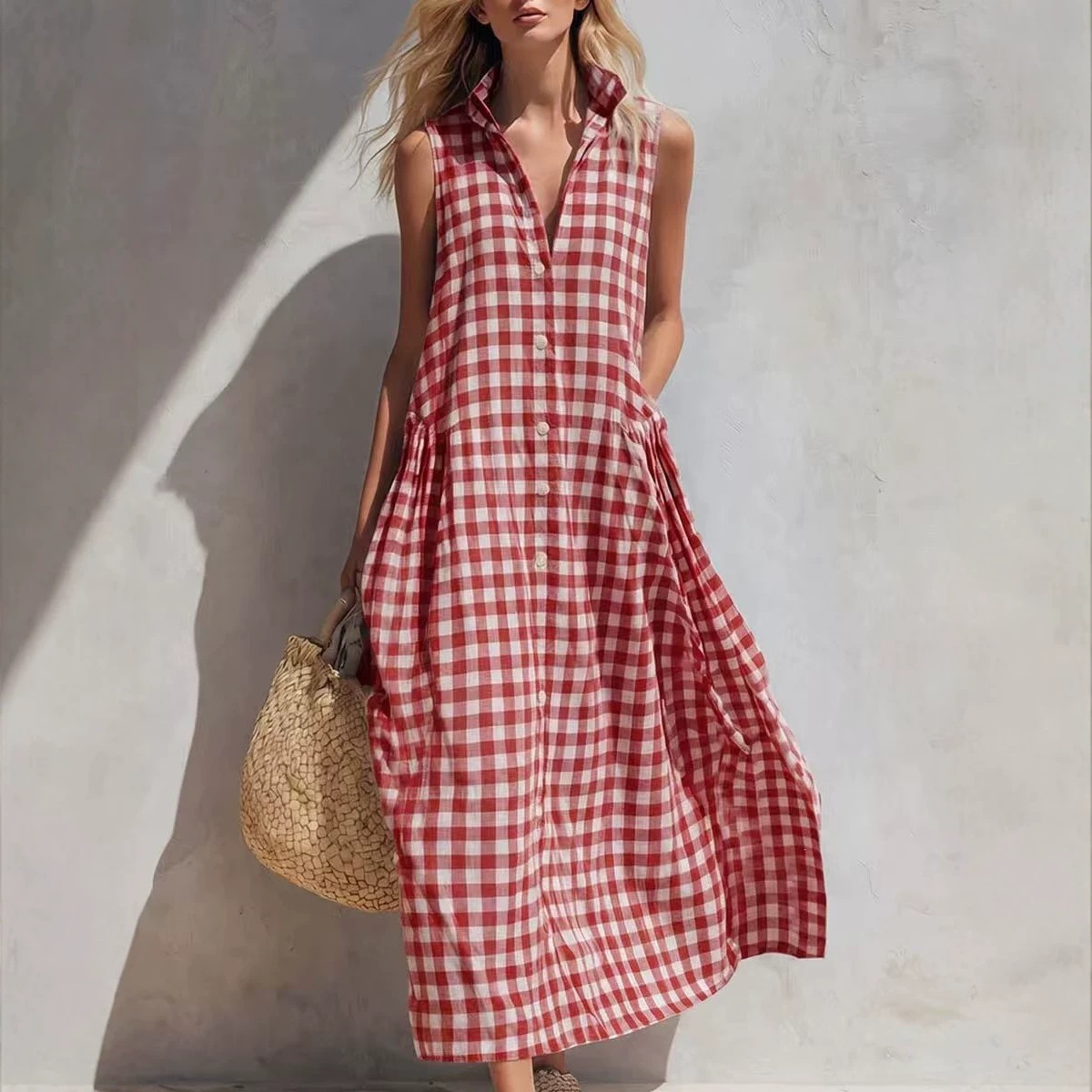 Women's Summer Sleeveless Plaid A-Line Midi Dress Loose Fit