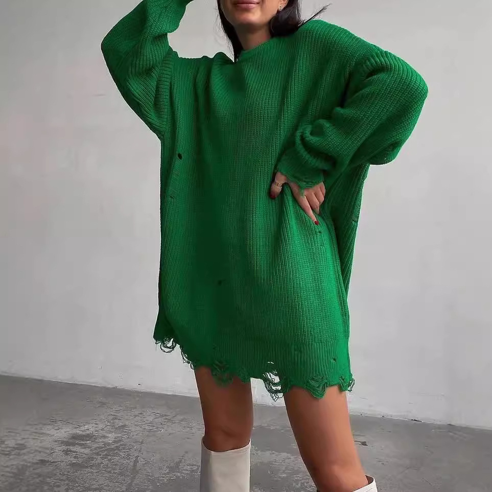Distressed Knit Crewneck Loose Midi Long-Sleeve Sweater