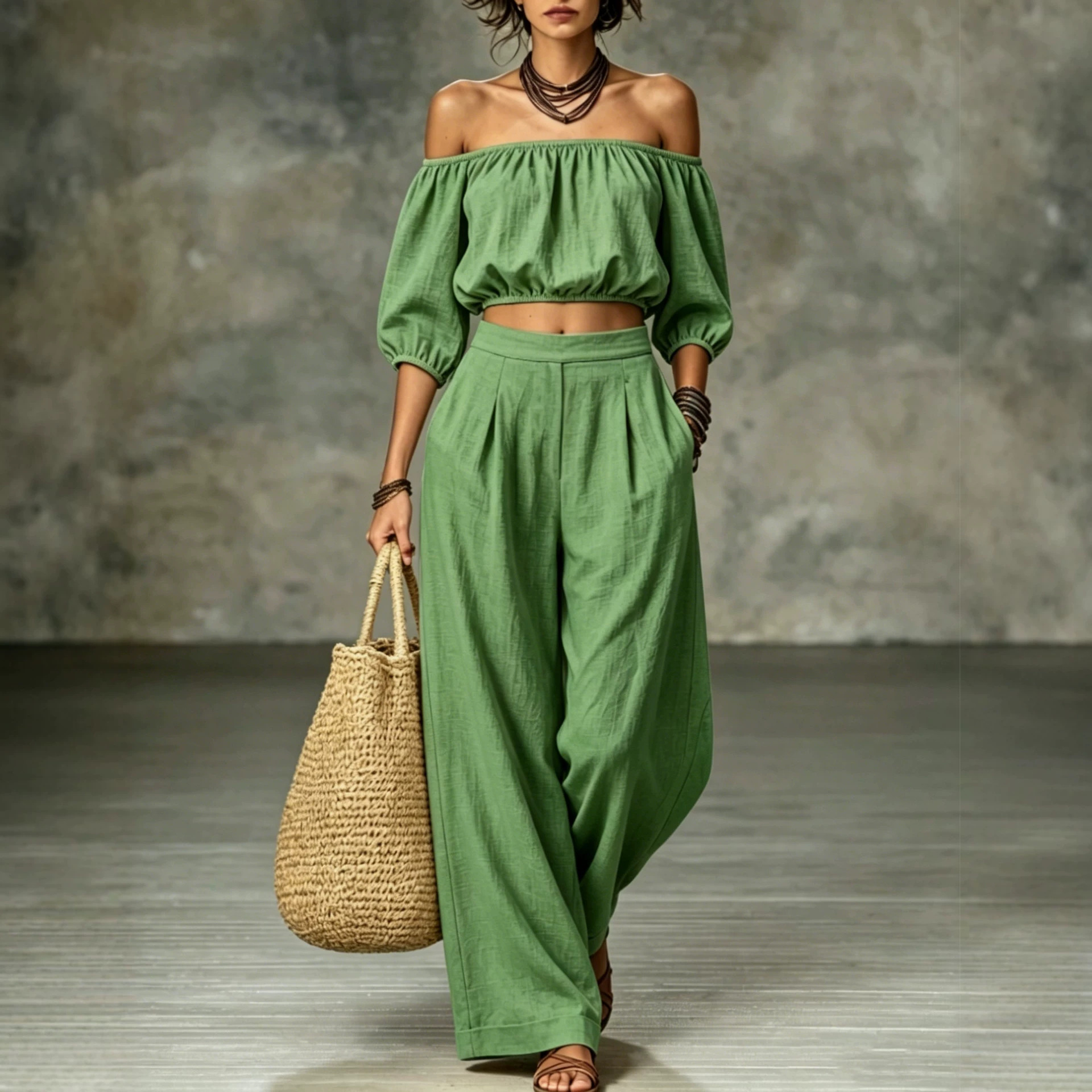 Off-Shoulder Lantern Sleeve High-Waist Wide-Leg Two-Piece Set