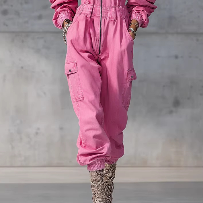 Pink Denim Jumpsuit with Long Sleeves and Tapered Legs