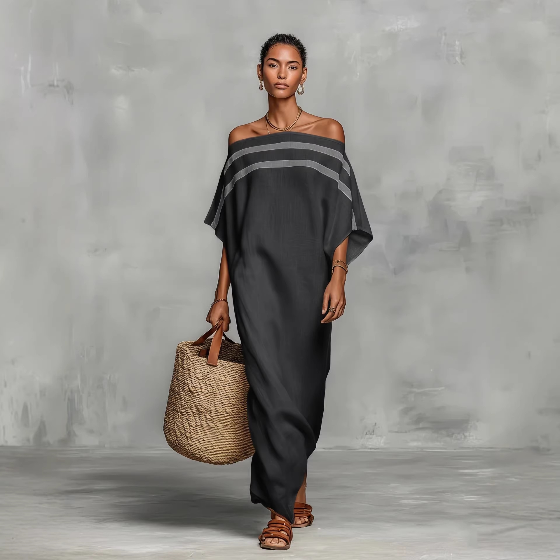 Off-Shoulder Maxi Dress with Batwing Sleeves