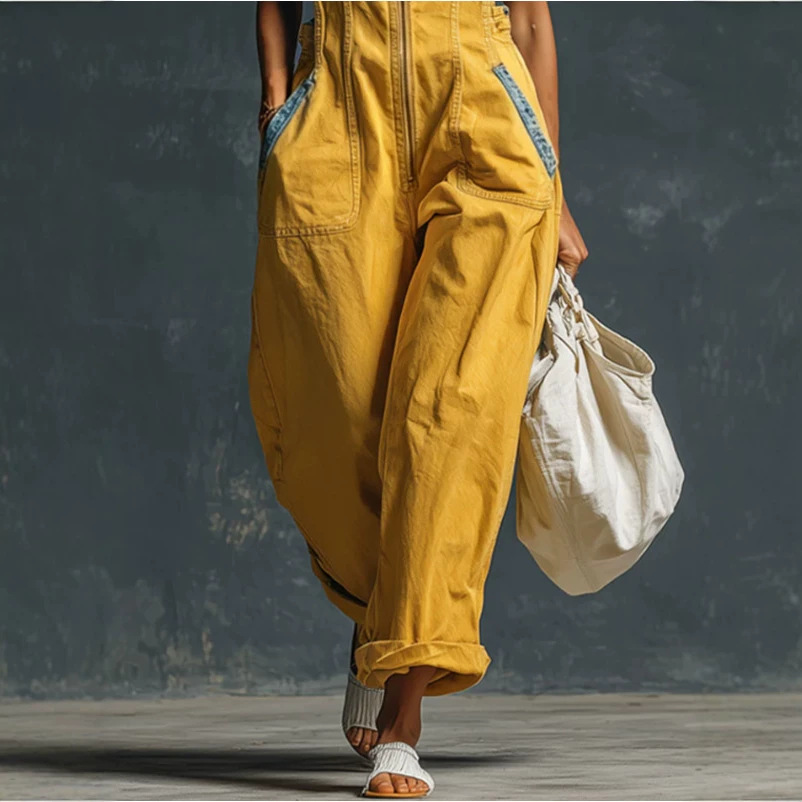 Western Vintage Blue Yellow Vest Style Zip Jumpsuit