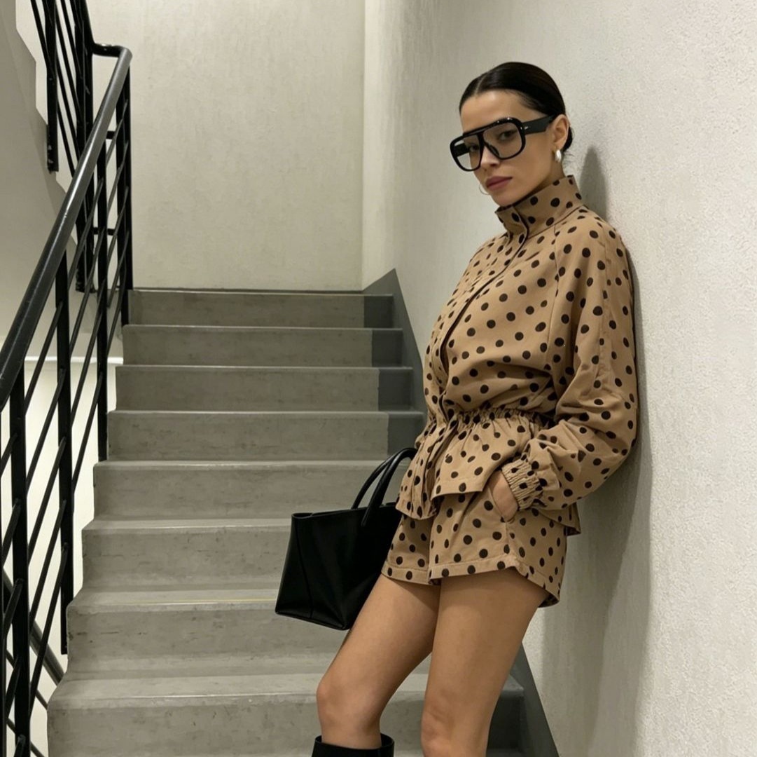 Polka Dot Long-Sleeve Jacket and High-Waist Shorts Set