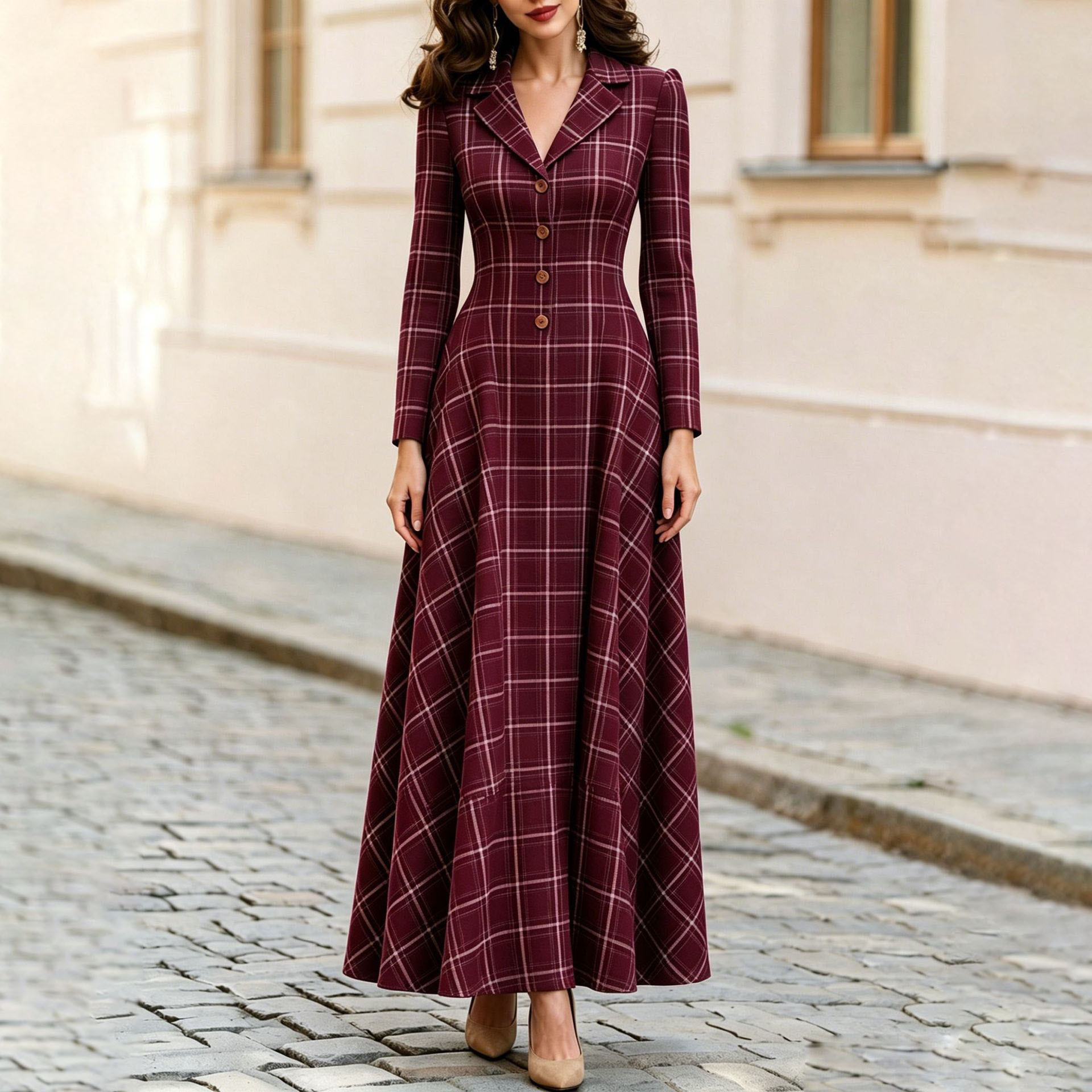 Elegant Solid Color Waist-Cinched Stand Collar Dress