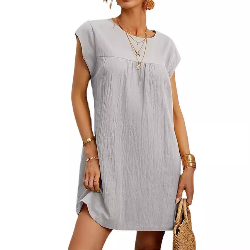 Sleeveless Round Neck Solid Cotton Linen Midi Dress