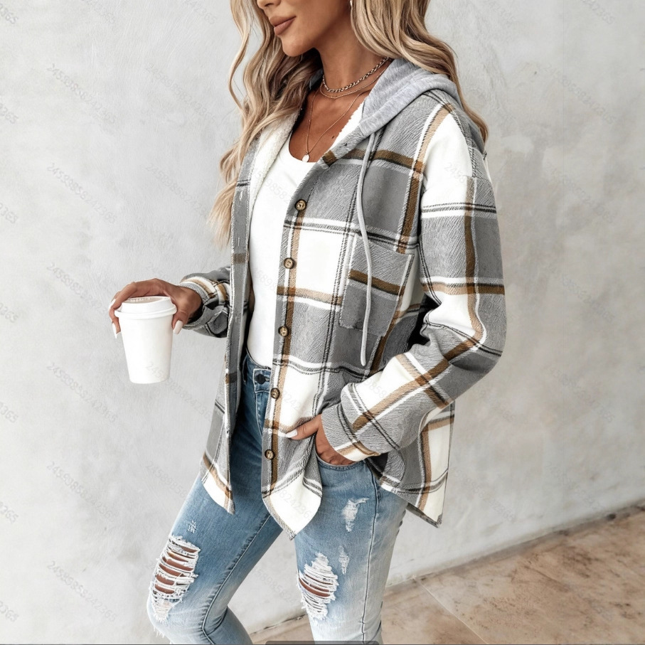 Fleece-Lined Plaid Hooded Jacket for Women