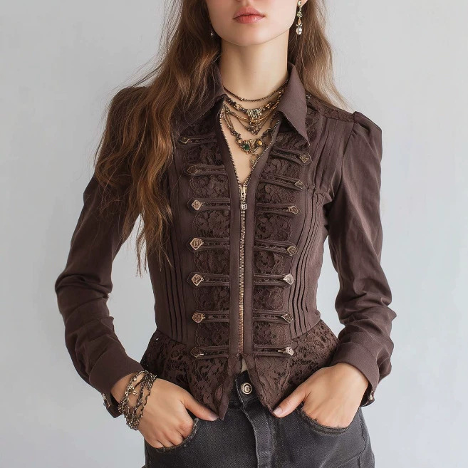Retro Solid Color Lace-Trim Zip Jacket