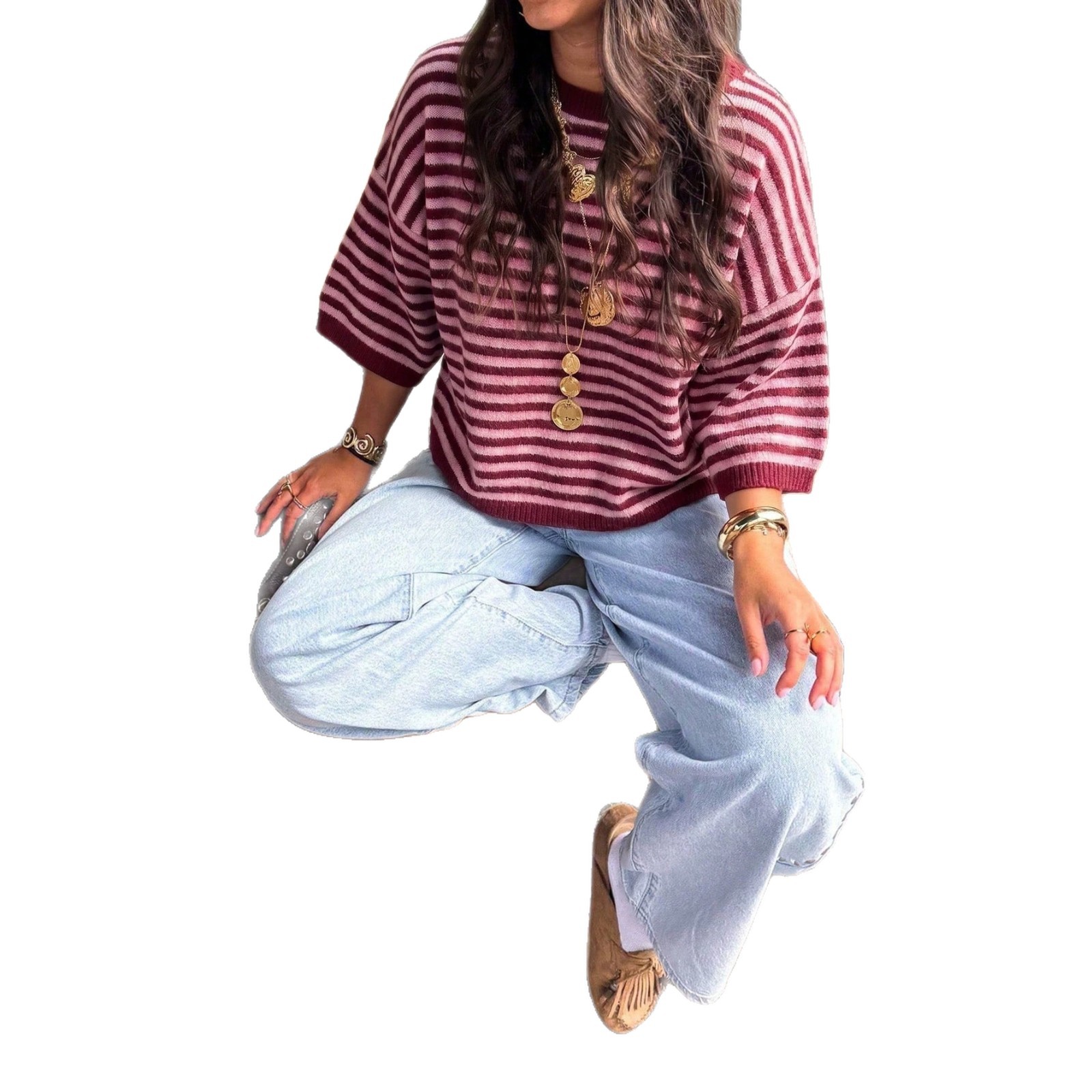 Color-Block Striped Knit Top Women's Loose Batwing Sleeve Pullover
