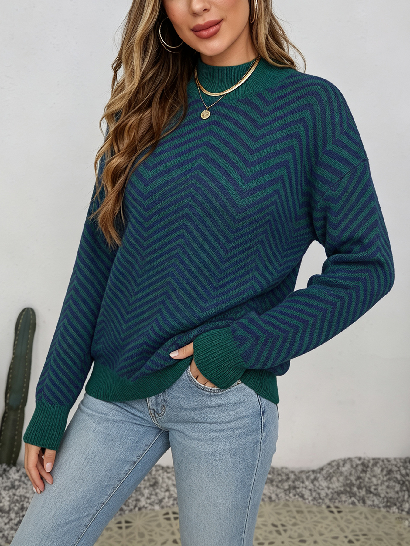 Women's Striped Crewneck Pullover Sweater Soft Warm Knit Top